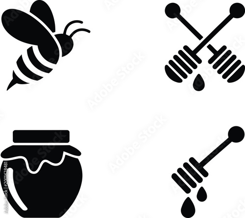 Black glyph icons of bee honeycomb jar and dipper