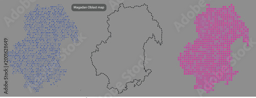Magadan oblast map in blue and purple pixel art style with outline on gray background