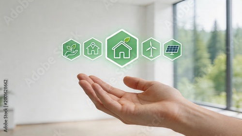 Future eco friendly smart home concept human hand holding green hologram icons representing sustainable energy saving wind solar power technology