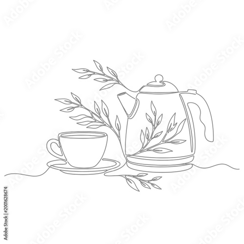 Minimalist line art of a tea kettle and cup with botanical leaf pattern, elegant simplicity