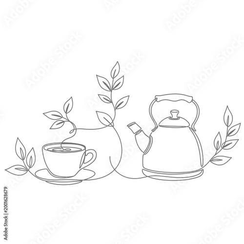 Minimalist line art of a tea kettle and cup with leaves, symbolizing relaxation and natural beverages.