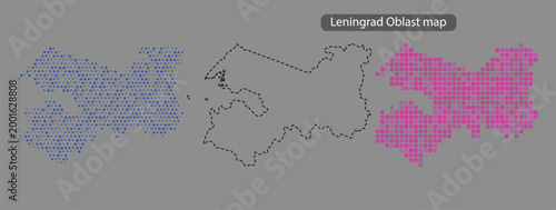 Leningrad oblast map in blue and purple pixels on gray background with black outline
