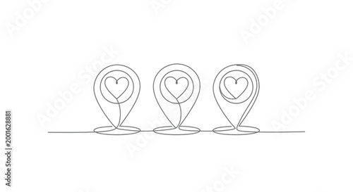 Tablou pe pânză Three location pins with heart icons symbolizing love relationships or cherished