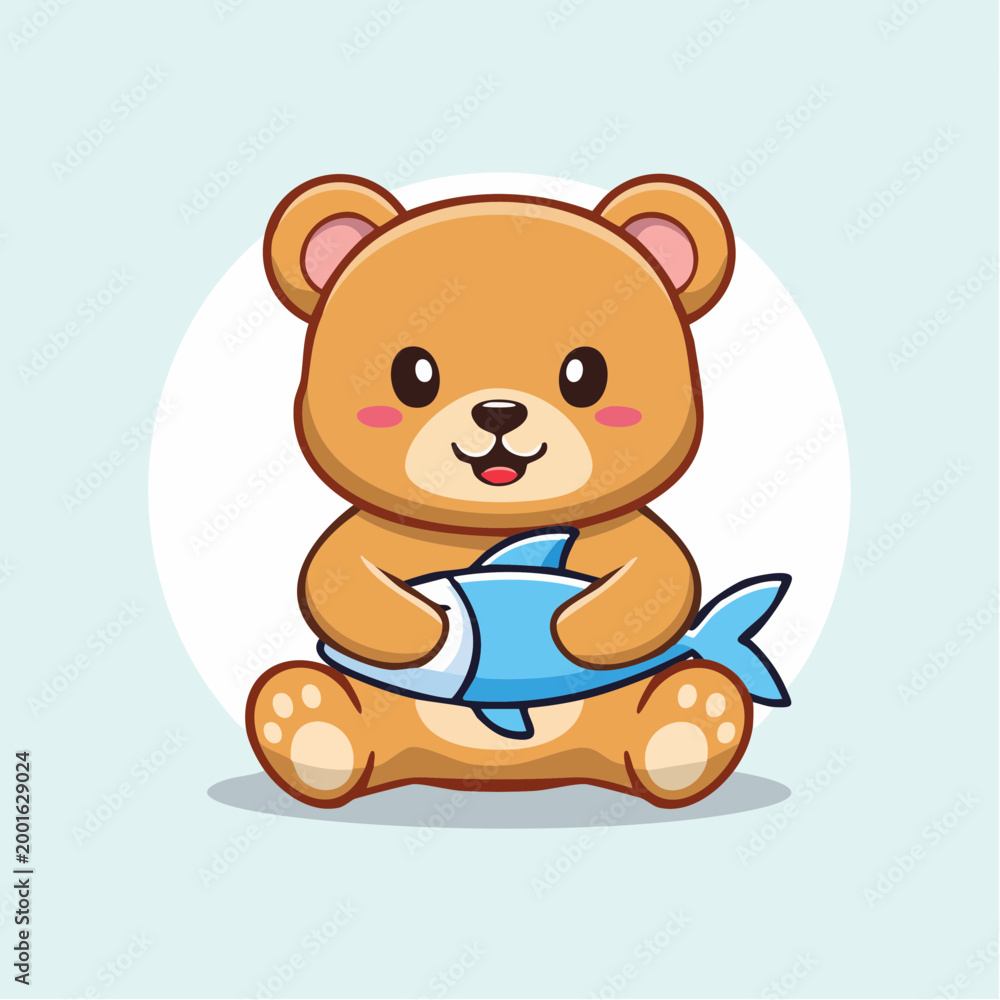 Obraz premium Cute cartoon bear holding a fish