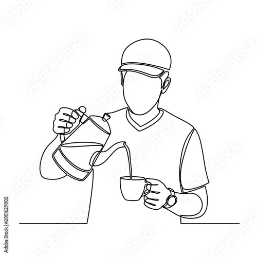 Man pouring hot beverage from kettle into cup, minimalist line art, coffee or tea time, daily routine
