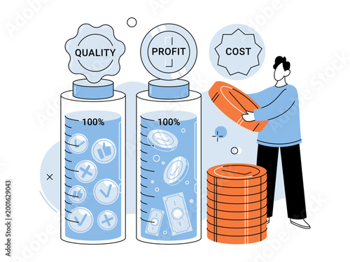 Man stacking coins near tubes showing quality and profit vector illustration. Strategic planning budget optimization growth revenue asset control risk. Person piling money by glass cylinders