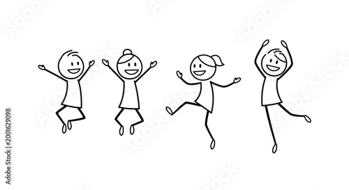 A group of four stick figures joyfully jumping and dancing with their arms raised in a playful celebration.