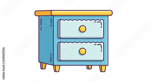 Blue bedside cabinet with yellow top and handles, flat design illustration