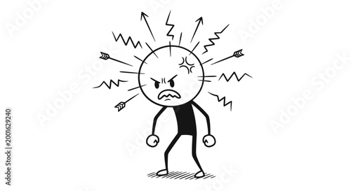 A stick figure person is depicted with an angry expression, surrounded by arrows and jagged lines indicating stress and frustration.