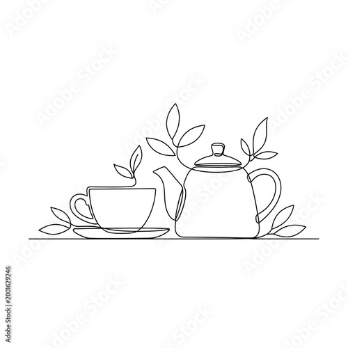 Continuous line drawing of a tea set with leaves, minimalist artistic illustration