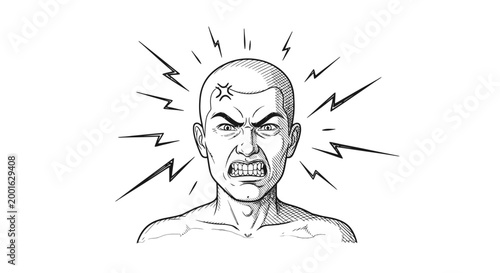 Angry man with lightning bolts around head.
