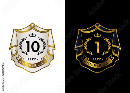 Premium Anniversary Emblem Set with Gold Crown and Laurel Wreath, Luxury Shield Logo for 1st and 10th Celebration
