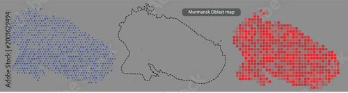Murmansk oblast map with blue and red pixelated areas on gray background