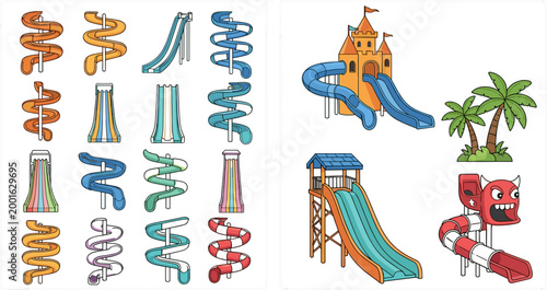 Colorful Cartoon Water Park Spiral Slide Tower Castle Palm Tree and Monster Ride Vector Illustration Set for Summer Amusement Design