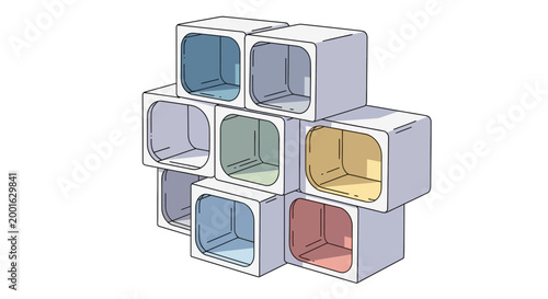 Modular storage cubes, interconnected, colorful interiors, clean design
