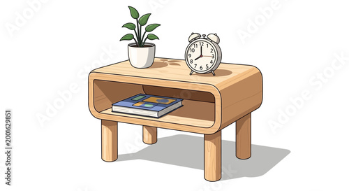 Modern wooden nightstand with plant, book, and alarm clock