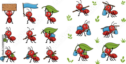 Cute Cartoon Red Ant Character in Multiple Poses Carrying Flag Sign Leaf and Bag Vector Illustration Set for Children Design