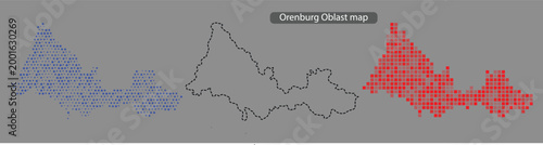 Orenburg oblast map with blue and red pixelated areas on gray background