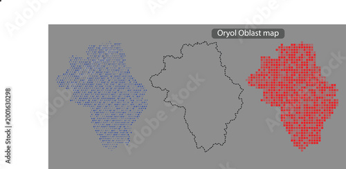Oryol oblast map with blue and red pixelated areas on gray background