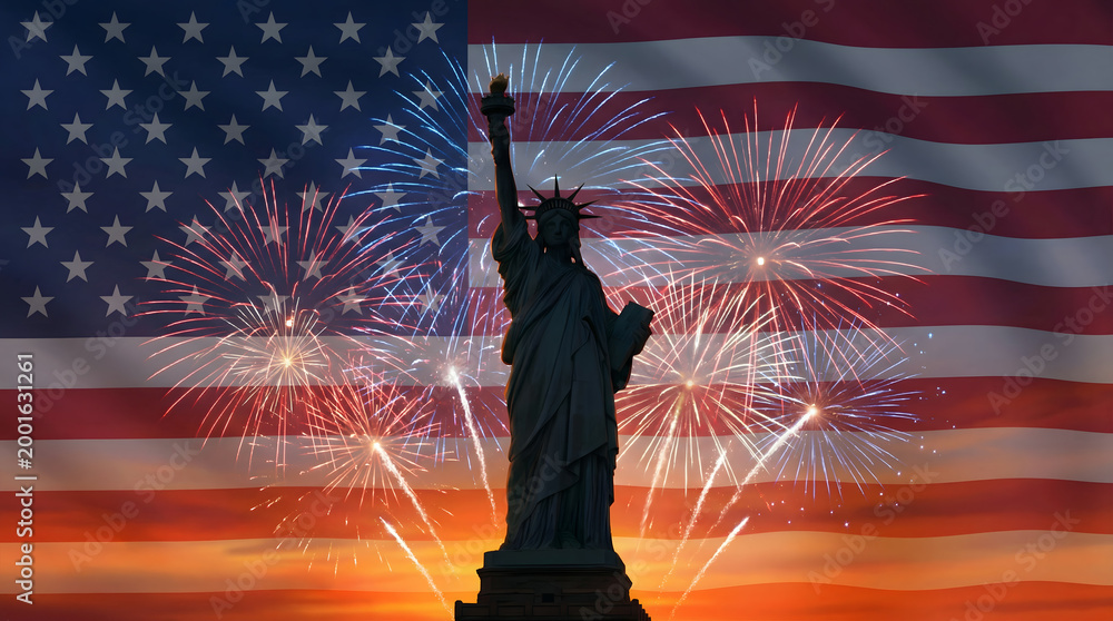 Fototapeta premium statue of liberty with fireworks and american flag