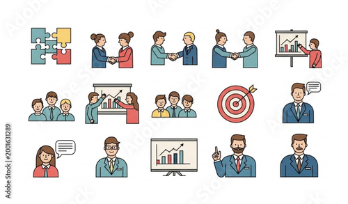 Flat teamwork icon set with people collaboration symbols business partnership and group work vector isolated on white background