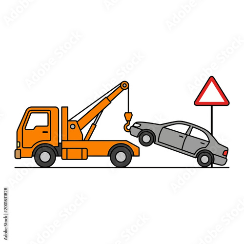 Orange Tow Truck Recovering a Broken Down Grey Sedan for Roadside Assistance and Vehicle Transport Service