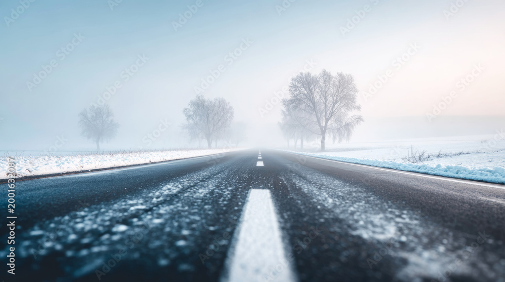 Fototapeta premium Winter road disappearing into dense fog, creating a mysterious journey into the unknown, with snow and bare trees lining the path