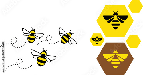 Minimalist flat honeybee flying with dotted trail and hexagonal honeycomb hive icon set in yellow and brown on dark background