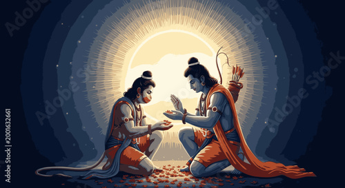 Lord Rama and Hanuman kneeling in devotion with a glowing sun background