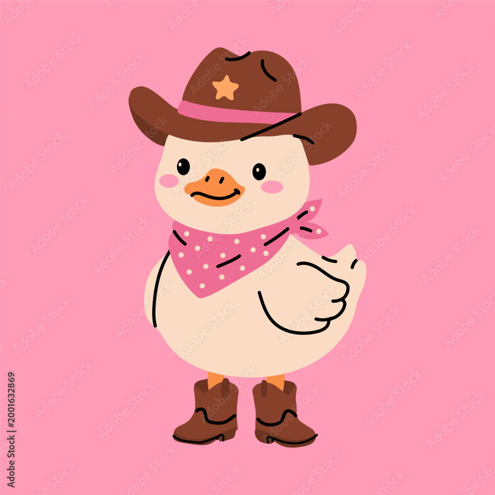 Fototapeta premium Kawaii Duck Wearing Cowboy Hat and Boots