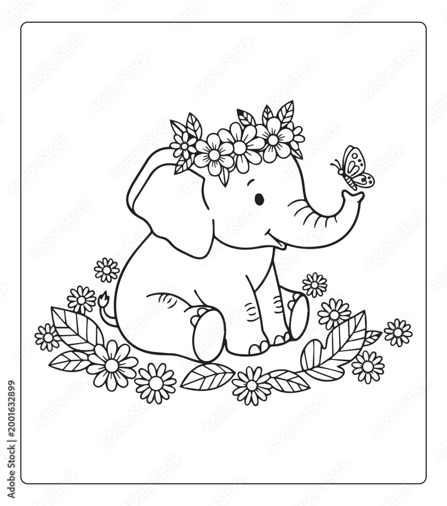 Obraz premium Wild animal elephant black outline vector cartoon style illustration coloring page for kids
