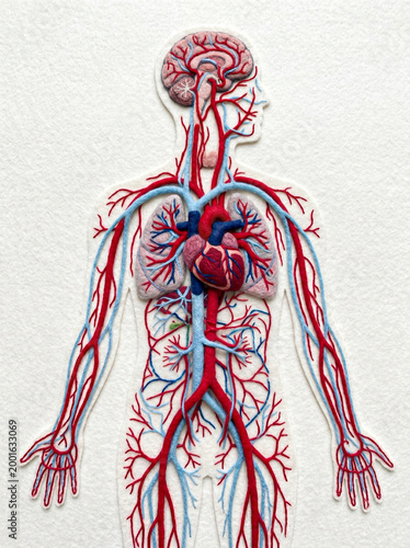 Felt Circulatory System Illustration Showing Heart, Blood Vessels, Lungs and Brain in Textile Anatomy Art