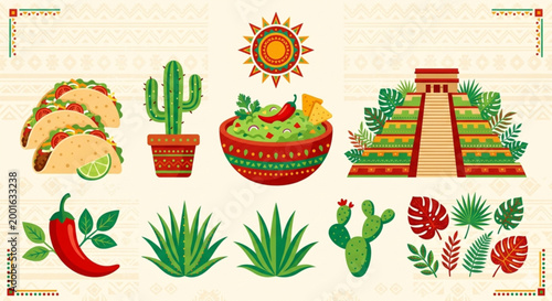 Colorful Mexican Food and Desert Vector Illustration with Cactus and Sun