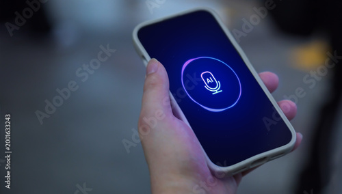 Person using personal AI agent assistant in the city, voice recognition artificial intelligence chat app dialogue screen, smartphone text to speech chatbot, smart customer service support technology
