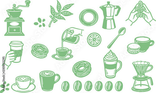 Whimsical hand-drawn illustration featuring a collection of coffee-themed doodles arranged in a scattered, collage-style composition on a pure white background
