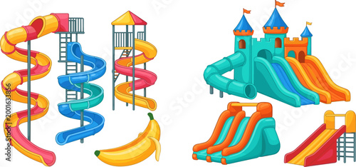 
Colorful cartoon water park spiral slides and inflatable bounce castle playground set with banana and fun summer attraction illustrations