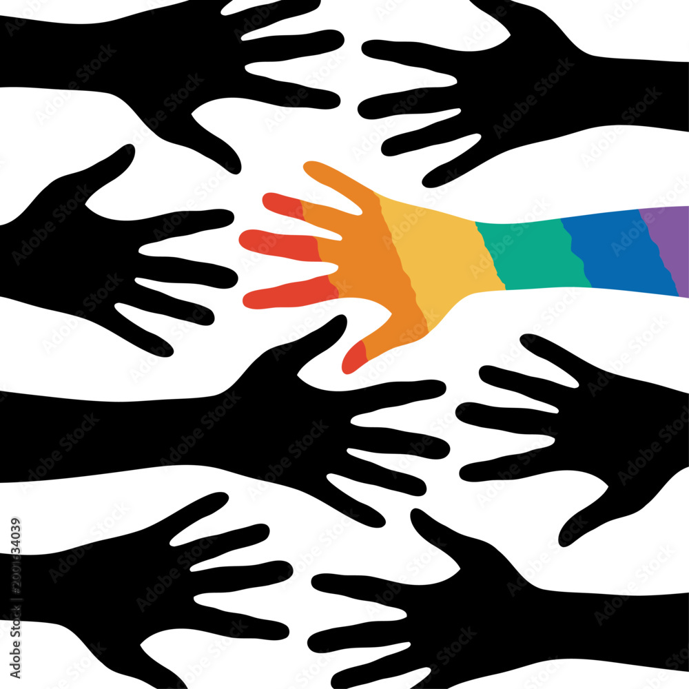 Obraz premium Rainbow Arm Reaching Out from Crowd of Black Silhouette Hands