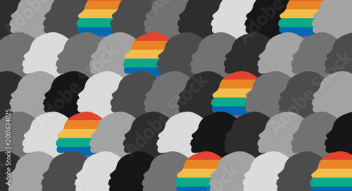Diverse Rainbow LGBT Head Silhouettes Among Grayscale Crowd