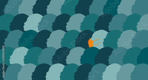 Single Individual Wearing Orange Mask in Teal Blue Crowd Silhouette