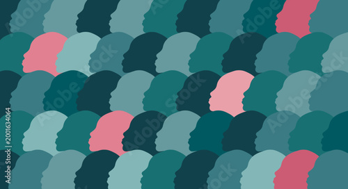 Several Pink Head Silhouettes Standing Out in Teal Blue Crowd