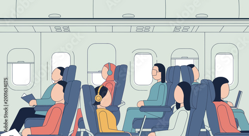 Diverse passengers on airplane, window seats, travel concept, illustration