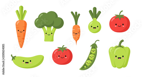 Fotografi Cute Kawaii Vegetables Collection: Carrot, Broccoli, Tomato, Pepper, Peas, Cucum