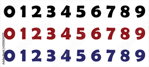 Collection of numbers zero to nine in black, red, and blue on a white background.