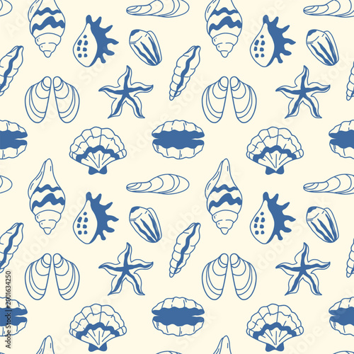 Minimalistic seamless pattern with seashells. Hand-drawn summer background in a naive style