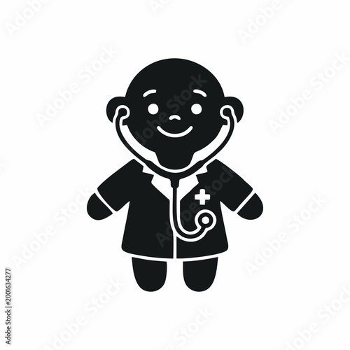 Flat Vector Silhouette of a Cute Child Doctor with Stethoscope Isolated on White Background