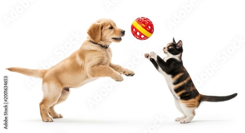 Dog and cat playfully jumping for a colorful ball together indoors