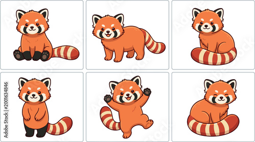 A charming collection of six cute cartoon red panda characters in various playful poses, featuring striped tails and expressive faces, isolated on a clean white background.