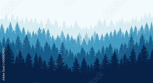 Gradient blue illustration of coniferous trees in a forest landscape