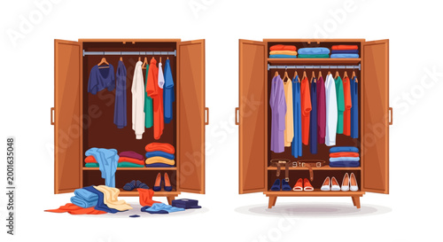 Illustration of two wooden wardrobes with organized and messy clothing