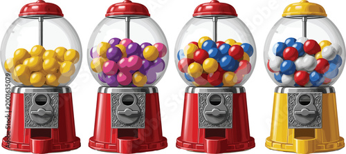 Classic Gumball Machine Collection Featuring Colorful Candy Dispensers with Transparent Glass Globes for Retro Vending Illustration and Sweet Shop Design Concepts